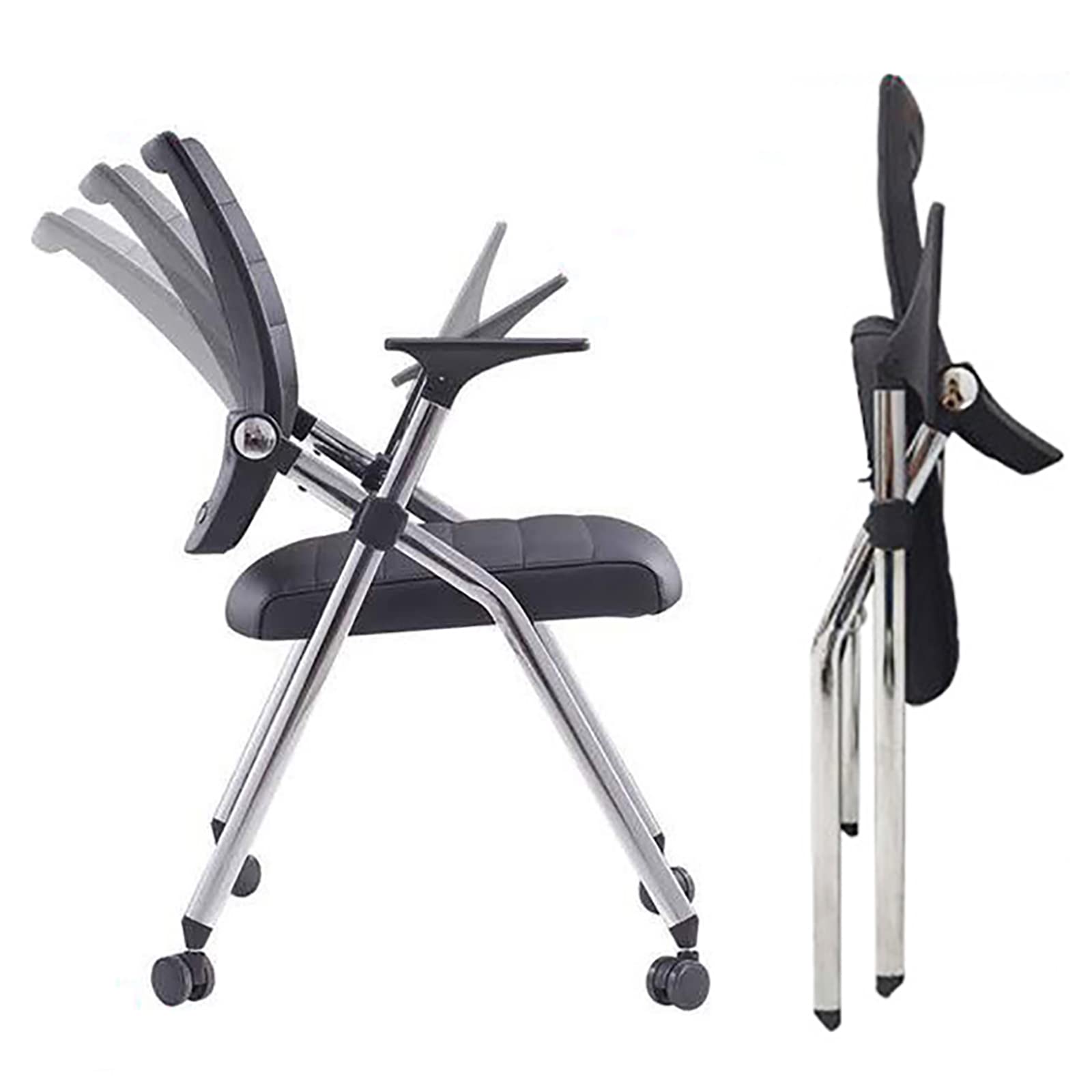 Ergonomic Folding Office Chair with Wheels & Arms - Adjustable Leather Padded Seat for Home & Workspace - Black - Perfect for Small Spaces, Guest Seating & Temporary Workstations