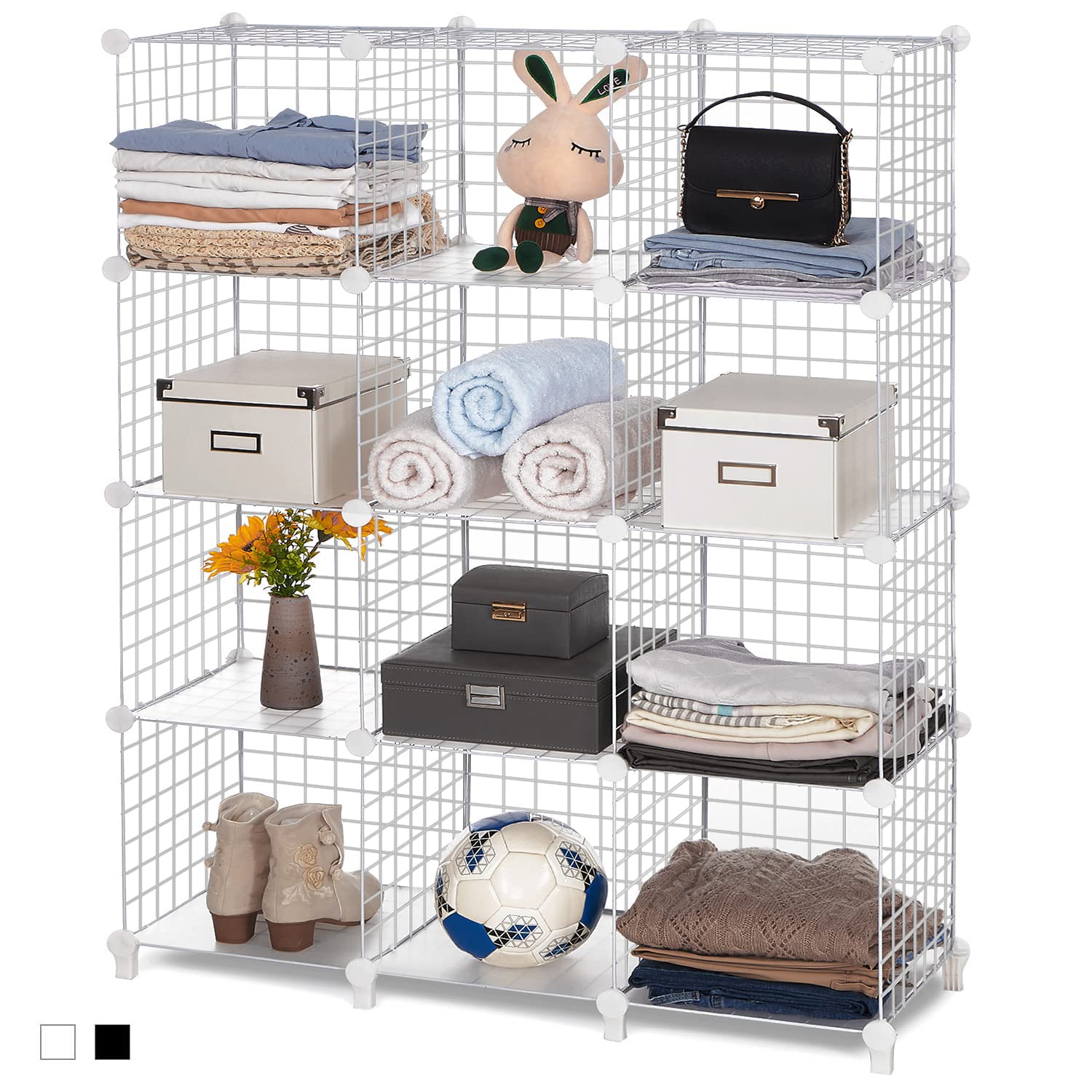 ANWBROAD 12-Cube Wire Storage Organizer - Stackable Metal Grid Shelves, Modular Bookshelf & Closet Cabinet for Home Office, Living Room, Bedroom - White (LWT012T) - Perfect for Organizing Toys, Books, Shoes & Home Decor