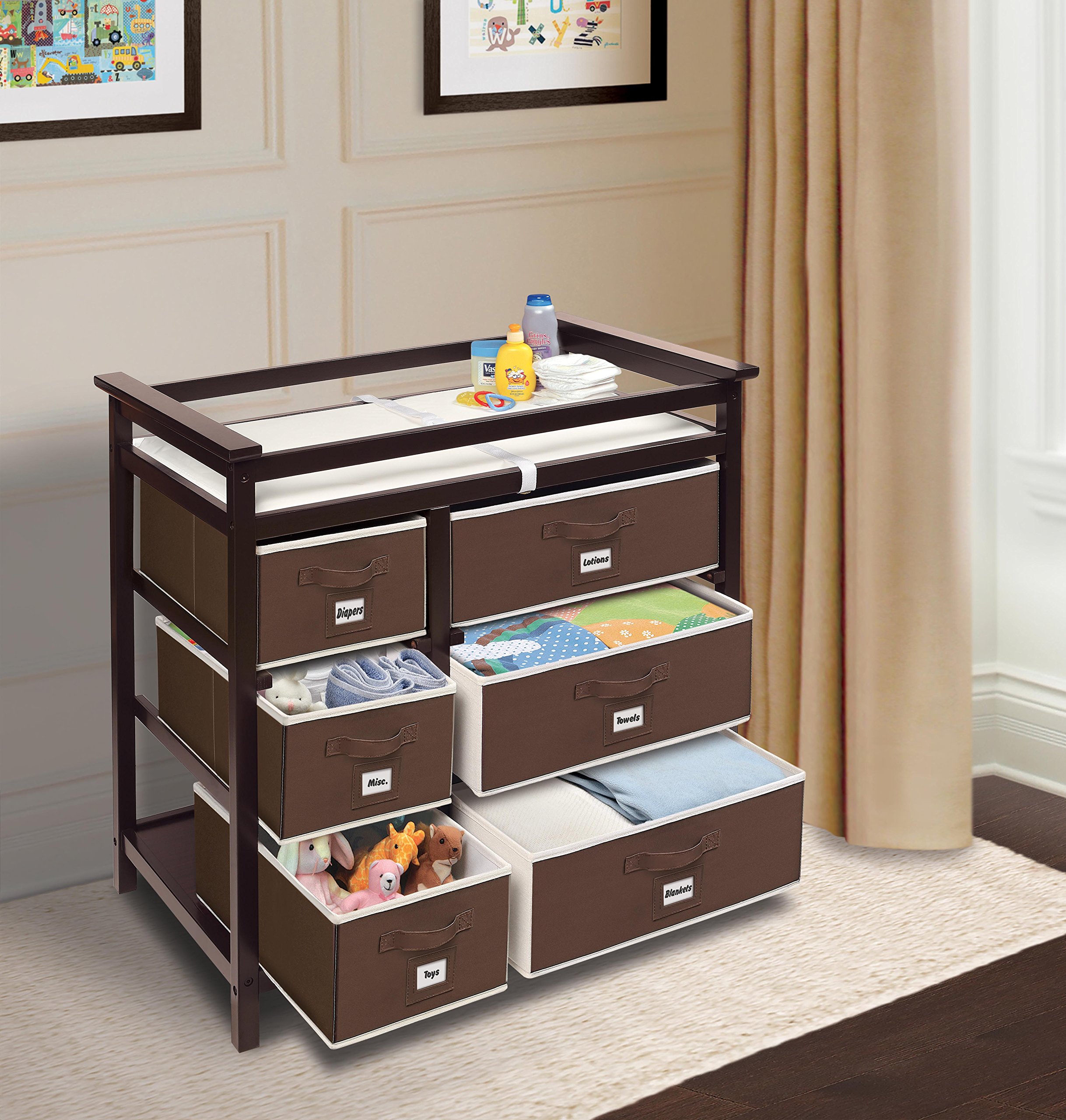 Modern Baby Changing Table with 6 Storage Drawers & Changing Pad - Espresso Finish Diaper Station | Nursery Organization for Newborns & Toddlers | Perfect for Baby Showers & Gender Reveal Gifts