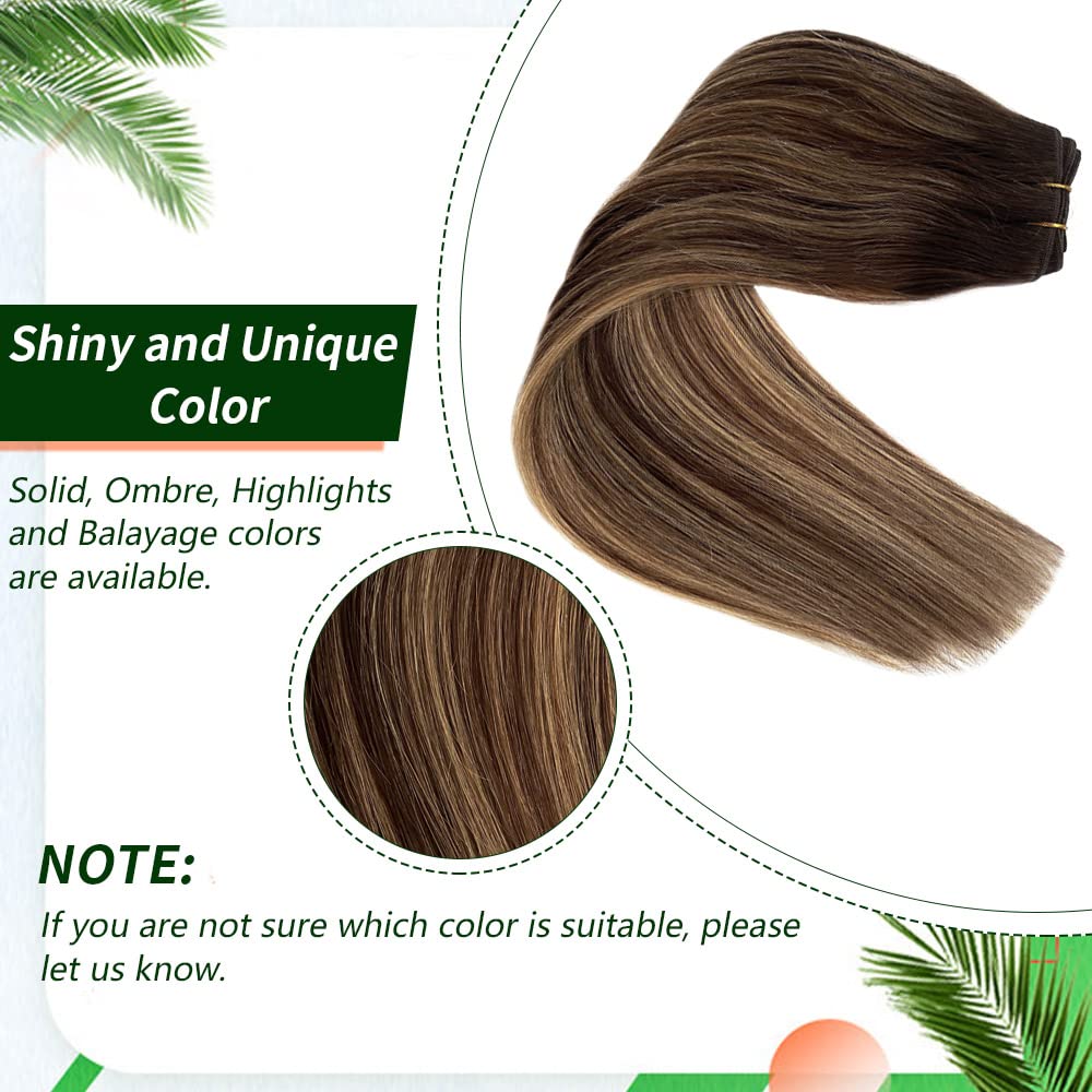 24 Inch Sew in Weft Hair Extensions - 100% Human Hair with Blonde Highlights (Brown to Golden Brown) | Remy Hand-Tied 120g Weft for Volume & Length | Perfect for Weddings, Parties & Daily Styling