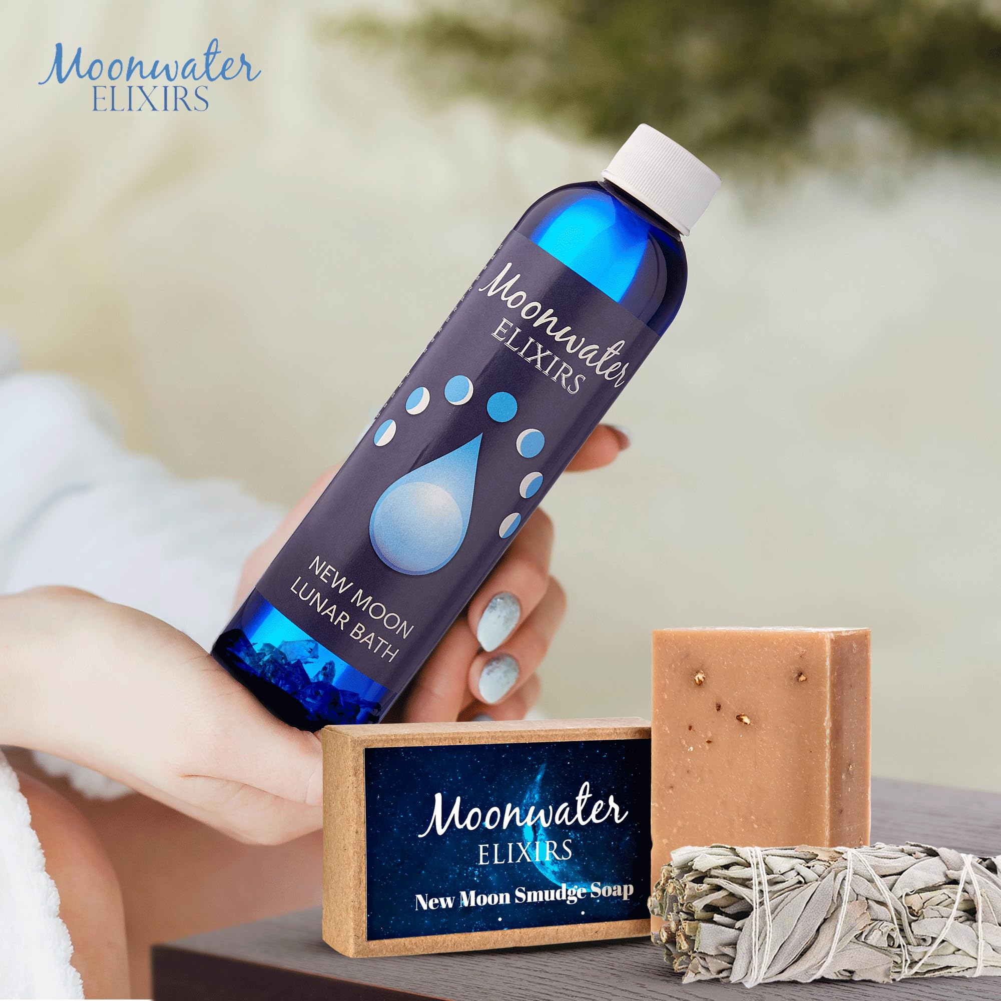 Aura Cleansing Lunar Bath Oil & Smudge Kit with Reiki - New Moon Elixir for Energy Clearing | Spiritual Protection from Negative Energy | Positive Energy Ritual Set | Sacred Space Cleanse by Moonwater Elixirs | Perfect for Meditation, Yoga & Home Blessing Ceremonies