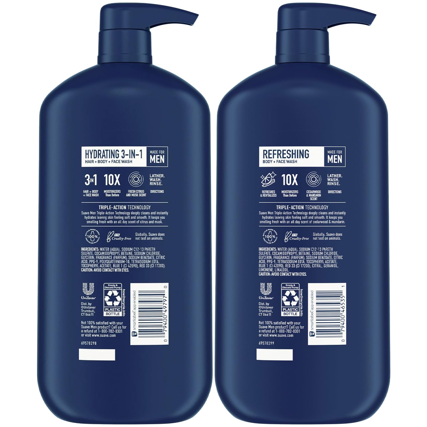 Suave Men's Shower Essentials Variety 3-Pack - Hydrating 3-in-1 Hair, Body & Face Wash + Refreshing Body & Face Wash, 30 Oz Each - Perfect for Gym, Travel & Daily Shower Routine