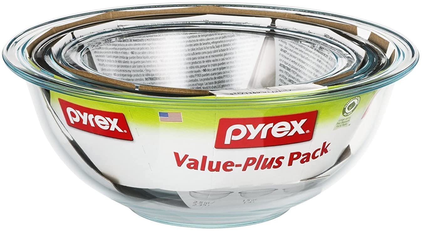 Pyrex 6001001 3-Piece Mixing Bowl Set - Durable Glass Bowls for Baking, Cooking & Food Prep - Perfect for Kitchen, Restaurant & Home Use