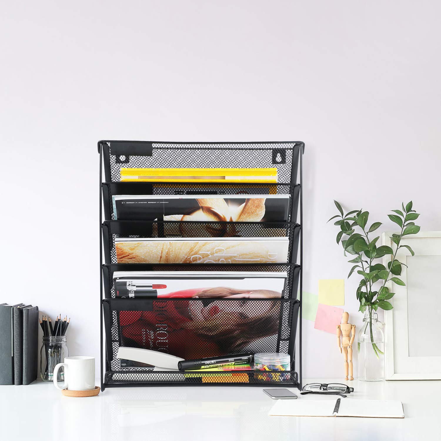Samstar 2 Pack Wall File Organizer - 6-Tier Vertical Wall Mount Paper Holder for Office & Home Organization - Black - Perfect for Desk, Kitchen, Bathroom & Classroom Storage