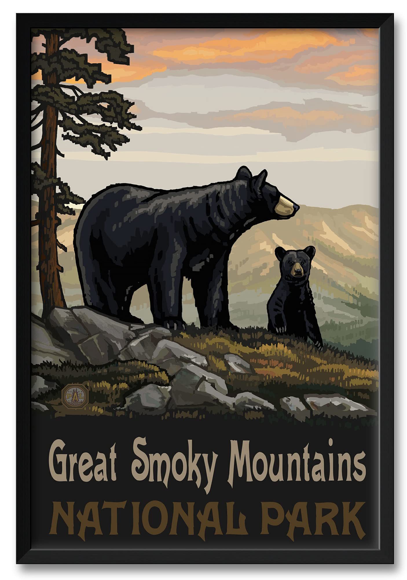 Professionally Framed Black Bear Family Art Print - Great Smoky Mountains National Park Wildlife Painting by Paul A. Lanquist - 32x47 Inch Wall Decor for Living Room, Office & Cabin Decor