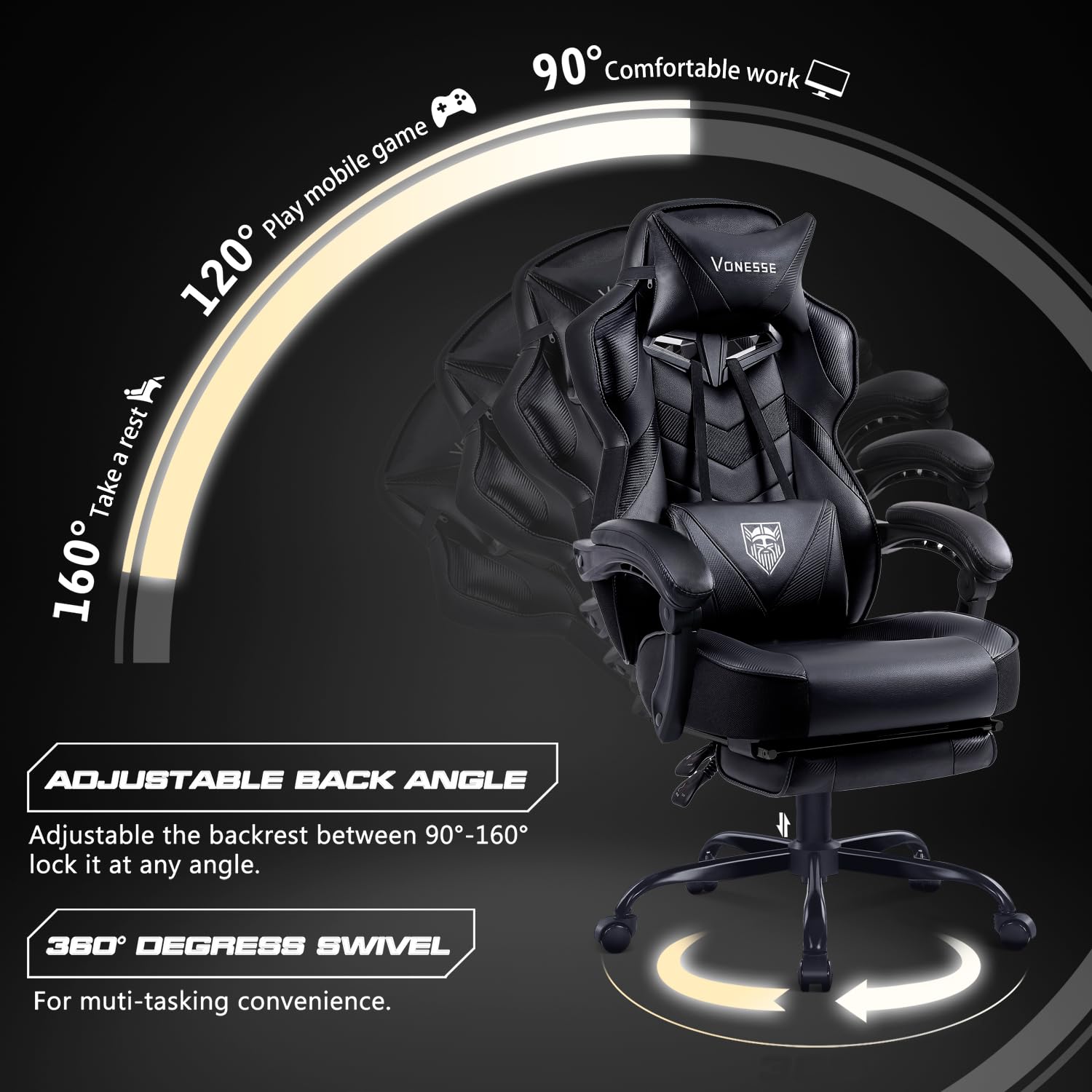 Vonesse Ergonomic Gaming Chair with Adjustable Footrest & Massage - High Back Reclining Computer Chair for Adults, Big and Tall - Black | Perfect for PC Gaming, Office Work & Home Entertainment