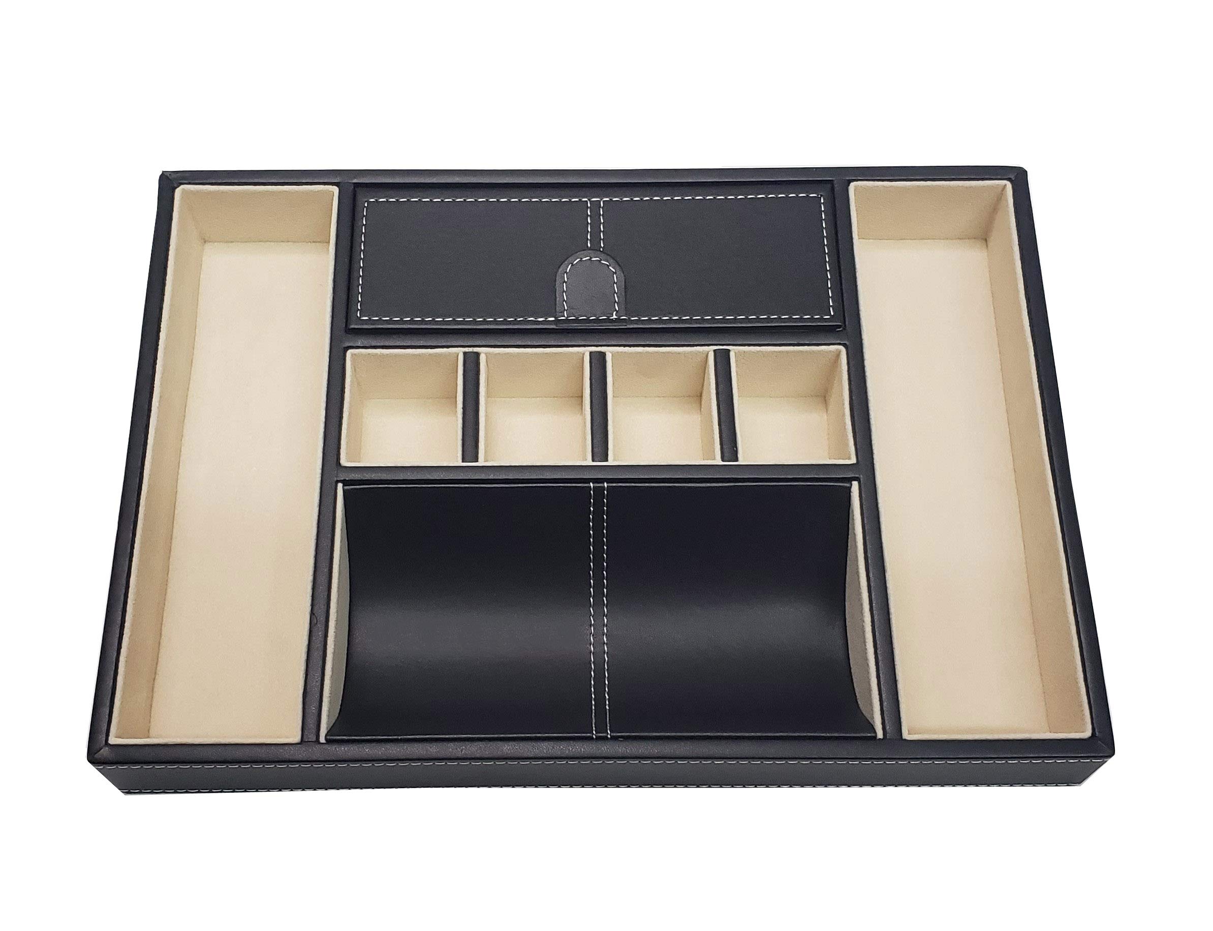 Black Leatherette Valet Tray - Desk & Dresser Drawer Organizer for Keys, Phone, Jewelry, Watches, Coins & Accessories | Perfect for Home Office, Bedroom & Father's Day Gifts
