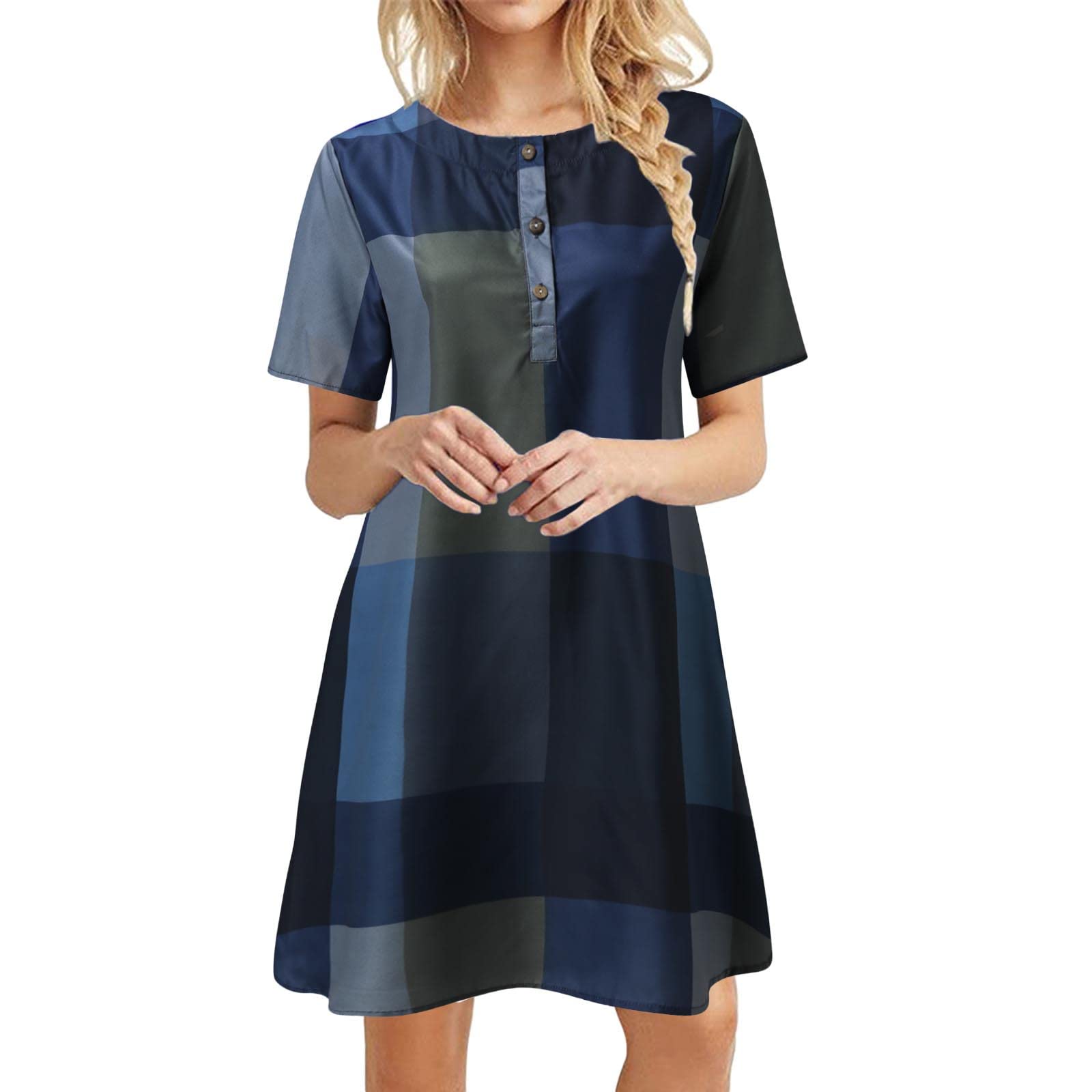 Women's Casual Summer V-Neck T-Shirt Dress - Plaid Print Short Sleeve Button Down Dress for Outfits | Perfect for Beach, Picnic, and Daily Wear