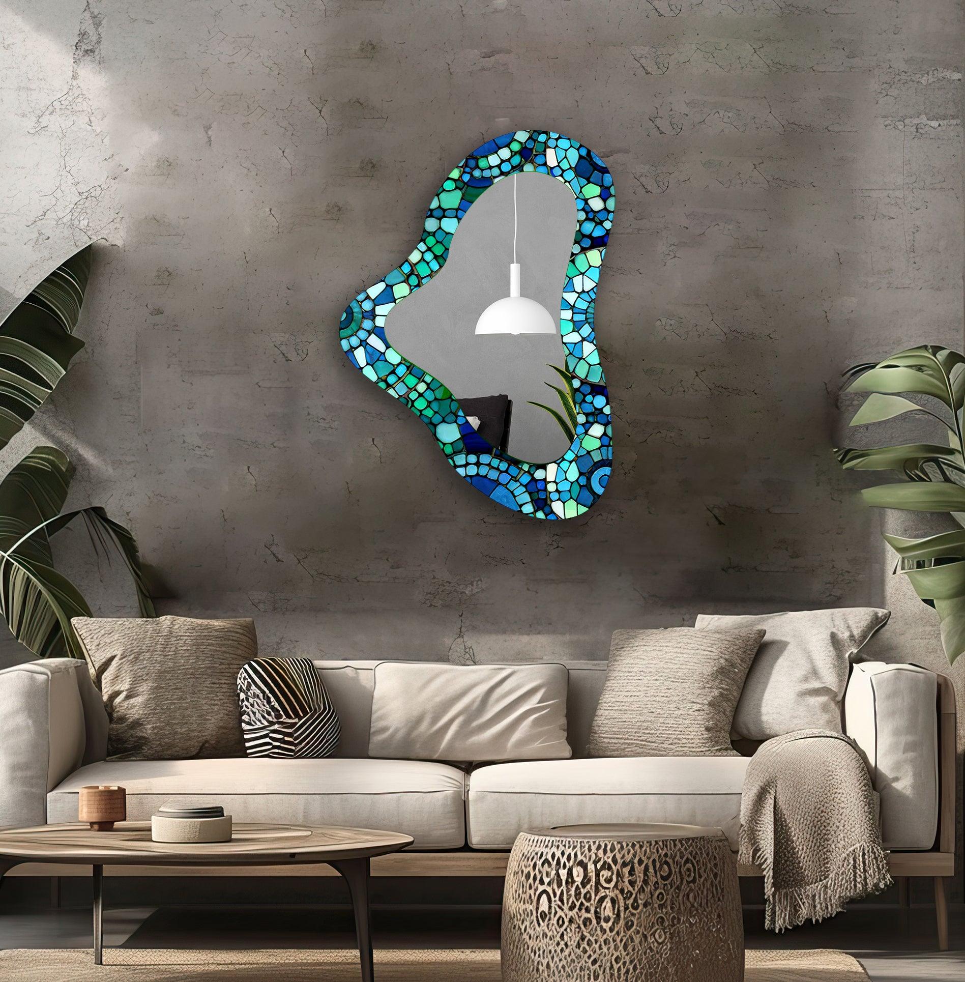 Blue Mosaic Irregular Glass Wall Mirror - Handmade Decorative Mirror for Living Room, Bedroom, Bathroom - Unique Home Decor & Stylish Wall Art for Modern Interiors