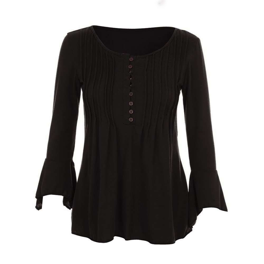 Women's Autumn V-Neck Lace Trim 3/4 Flare Sleeve Button-Up Tunic Blouse - Casual Daily Wear for Work & Fall Outfits