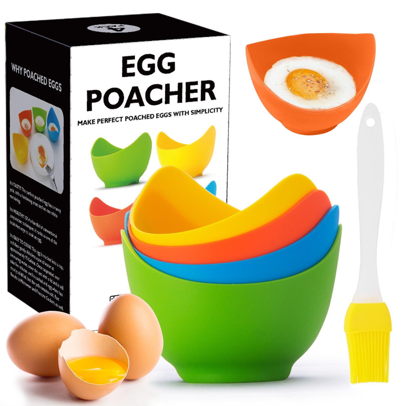 Non-Stick Silicone Egg Poacher Set - 4 Pack BPA-Free Microwave & Stovetop Egg Cooker with Ring Stand & Silicone Brush - Perfect for Breakfast, Keto Diet & Meal Prep