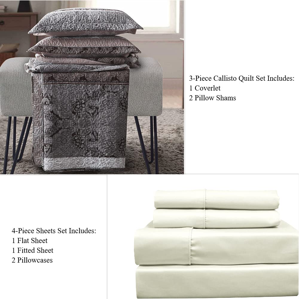 7-Piece Queen Size Bedding Set - Callisto Taupe Lightweight Quilt with Solid Ivory Microfiber Sheets | Soft & Breathable for All Seasons | Perfect for Master Bedroom, Guest Room & Vacation Homes