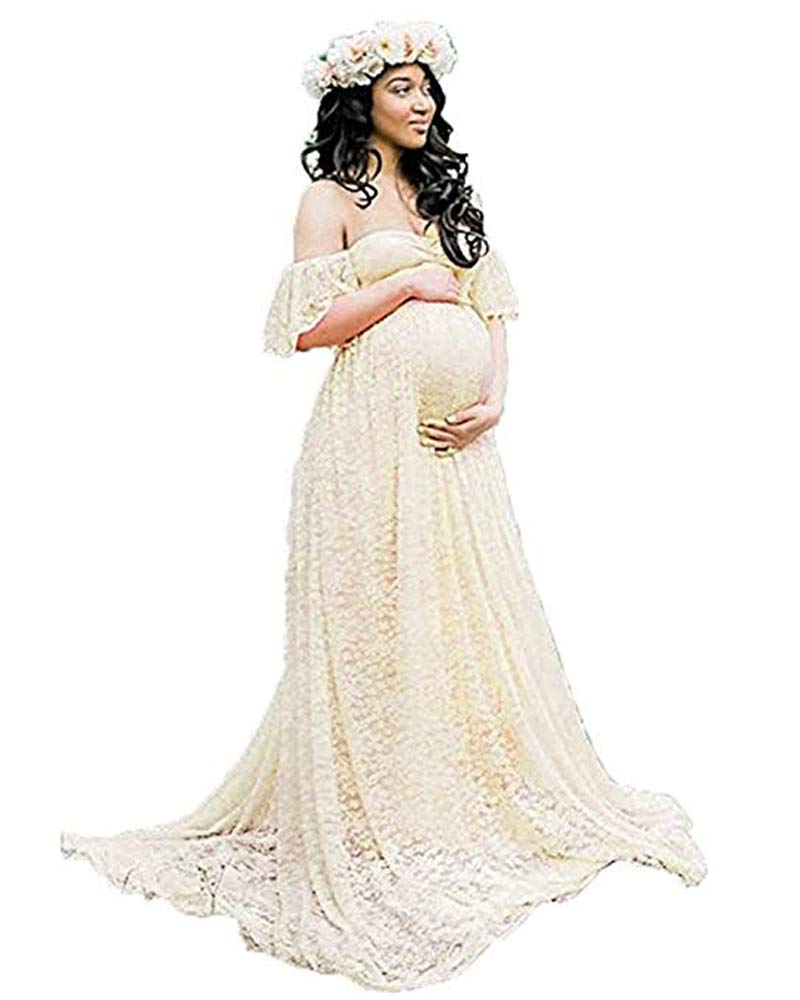 Sicily Women's Lace Off-Shoulder Long Maternity Dress for Pregnancy Photoshoot, Baby Shower & Special Occasions