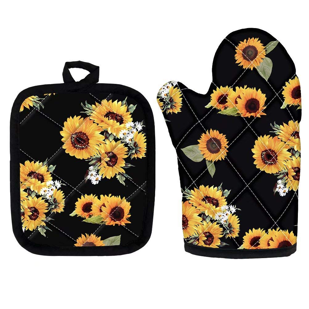 Allcute Funny Sunflower Oven Mitts & Pot Holder Set - Heat Resistant, Machine Washable Cotton Kitchen Accessories (2pc) - Perfect for Baking, Cooking & Grilling - Extra Long & Flexible for Safe Handling