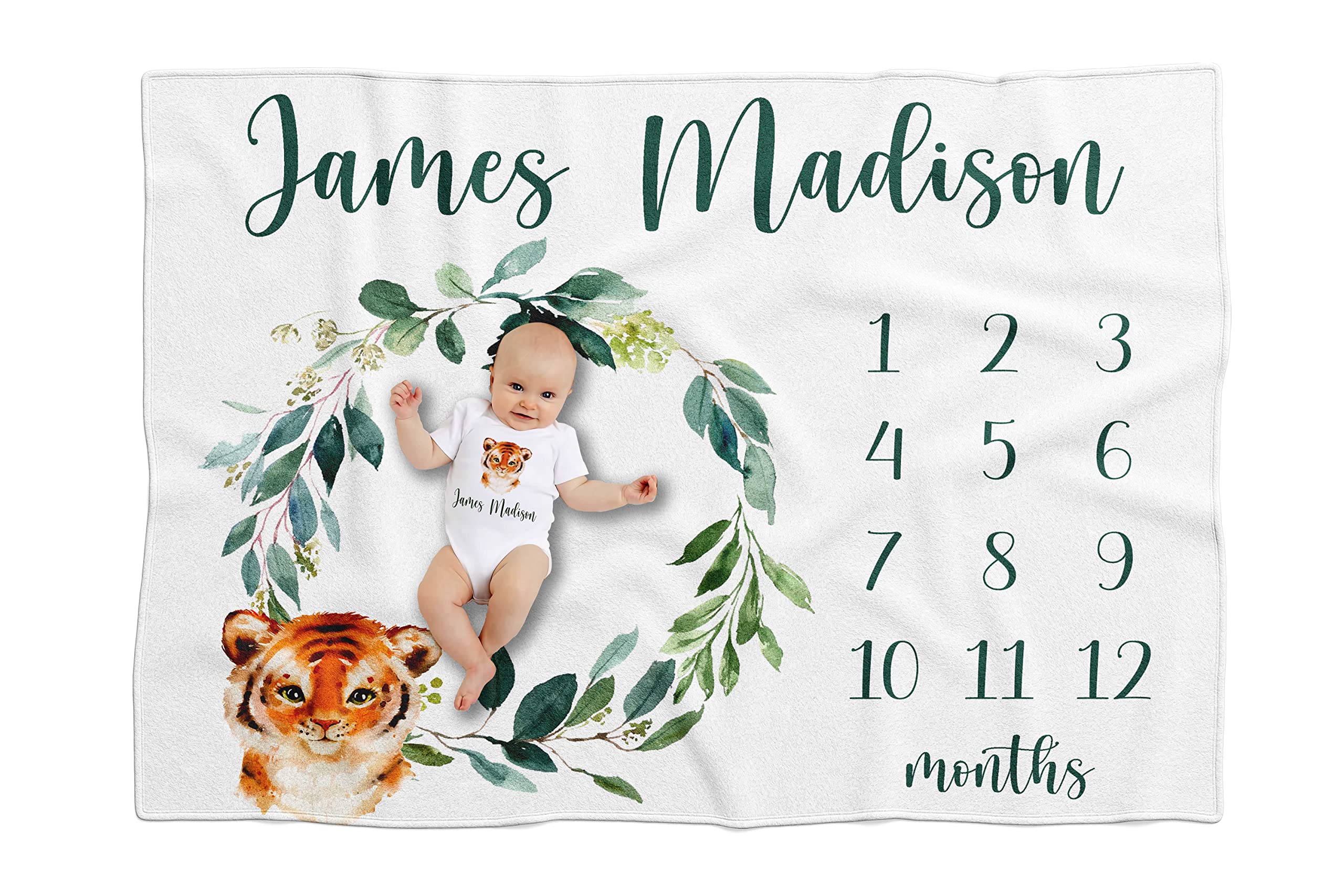 Personalized Baby Milestone Blanket with Safari Jungle Animals - Custom Name & Month Blanket for Baby Boy - Unique Newborn Gift for Baby Showers, Birthdays & Nursery Decor