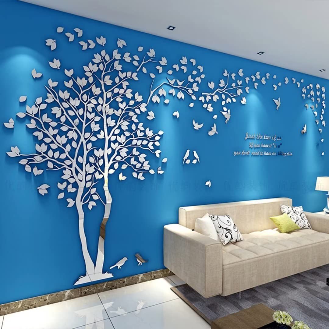 3D Tree Wall Decals - DIY Peel and Stick Wall Stickers with Birds, Large 158x79 Inch Family Tree Mural for Living Room, Bedroom, TV Background - Silver Left Design | Perfect for Home Decor, Nursery, Kids Room & Wedding Photo Backdrop