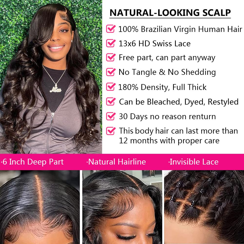 28 Inch Brazilian Virgin Human Hair Lace Front Wig - 13x6 HD Lace Frontal, 180% Density, Pre-Plucked, Glueless Body Wave Wig for Women (Natural Black) - Perfect for Daily Wear, Cosplay & Special Occasions