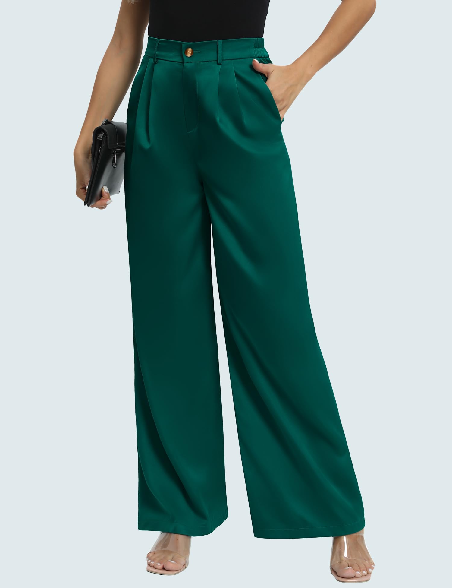 Women's High Waist Satin Dress Pants - Button Front Wide Leg Straight Work Trousers with Pockets | Office Wear, Business Casual, Formal Occasions & Professional Outfits