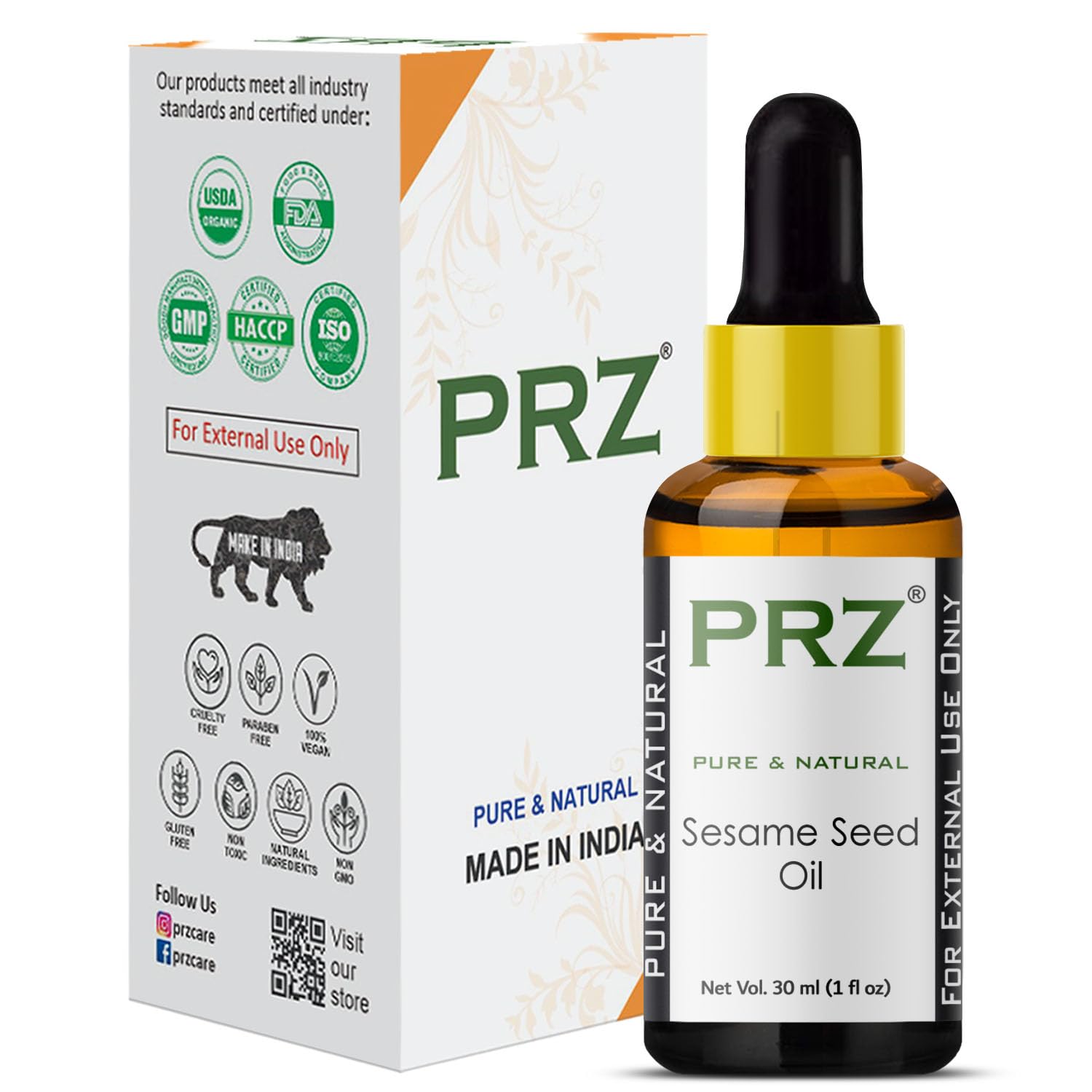 PRZ Pure Cold Pressed Sesame Seed Carrier Oil - 100% Natural Therapeutic Grade for Aromatherapy, Massage, Skin & Hair Care (30ml) - Perfect for DIY Beauty Recipes, Relaxing Spa Treatments & Nourishing Hair Masks