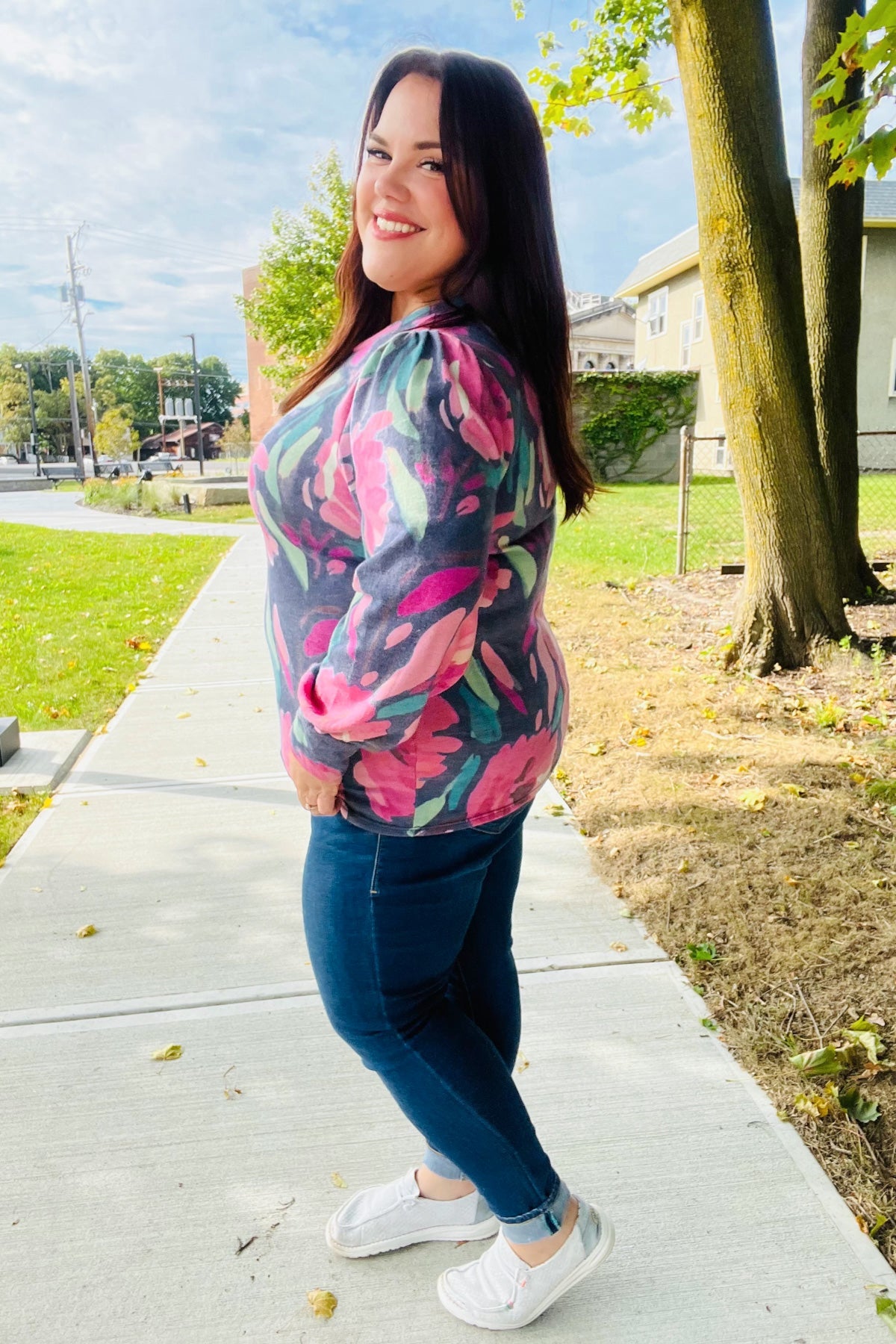Navy Floral Brushed Hacci Sweater Top for Women - Soft Comfortable Knit Pullover for Fall & Winter | Perfect for Casual Outings, Office Wear & Date Nights