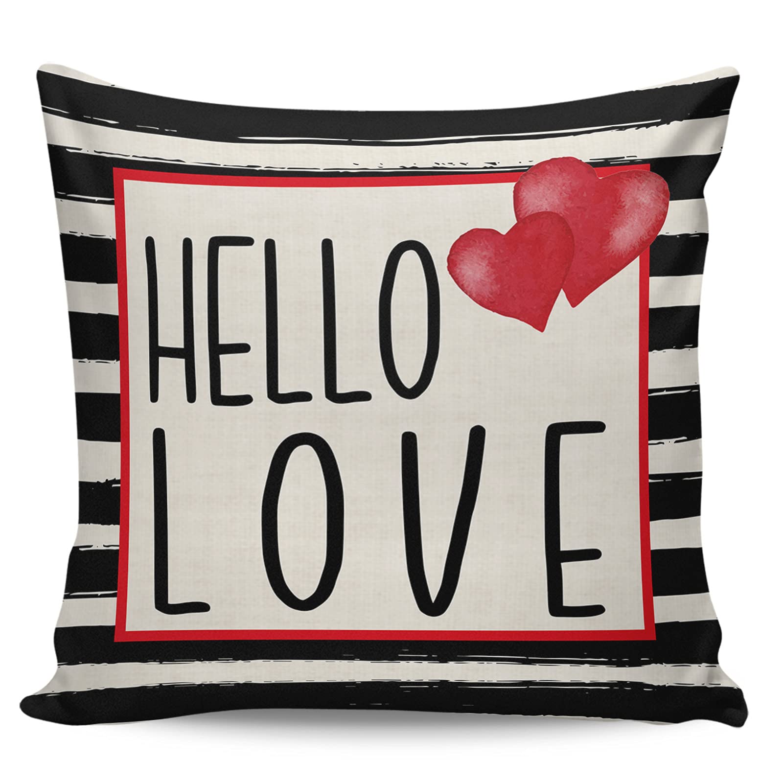 Valentine's Day Throw Pillow Covers 18x18 Inches - Decorative Cushion Covers for Sofa, Couch & Chair - Hello Love Black Stripes Design - Perfect for Home Decor, Romantic Gifts & Cozy Living Room Accents
