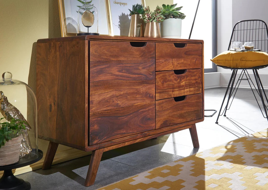 Gfine Solid Sheesham Wood Sideboard - Single Door & 3 Drawers, 88x40x66cm - Perfect for Living Room, Dining Room & Entryway Storage