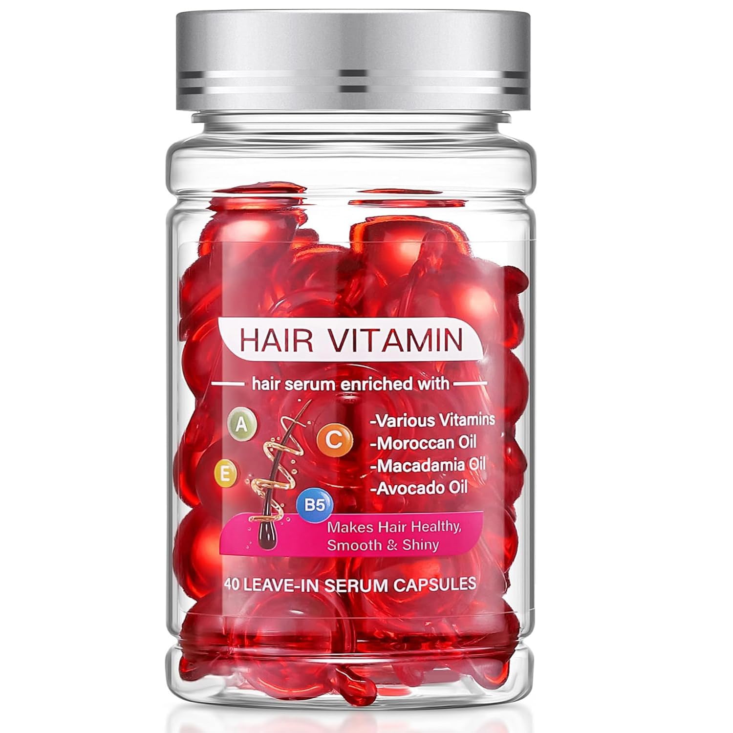 Best Hair Conditioning Serum for Frizzy & Dry Hair - Vitamin Oil Capsules with Argan, Avocado & Moroccan Oils - Anti-Frizz Leave-In Treatment with Vitamins A, C, E & B5 (40pcs) - Perfect for Damaged Hair Repair & Daily Hydration