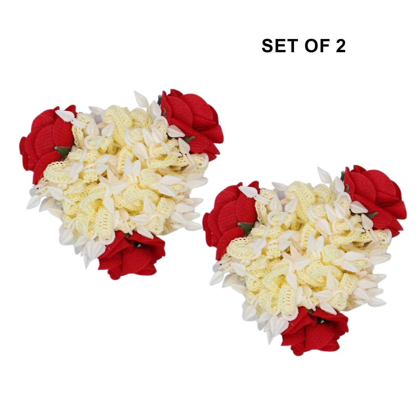 Karki Fusion Artificial Rose Mogra White Gajra Hair Accessories - Rubber Band for Women (Pack of 2) - White with Red Rose - Perfect for Weddings, Parties & Traditional Indian Hairstyles