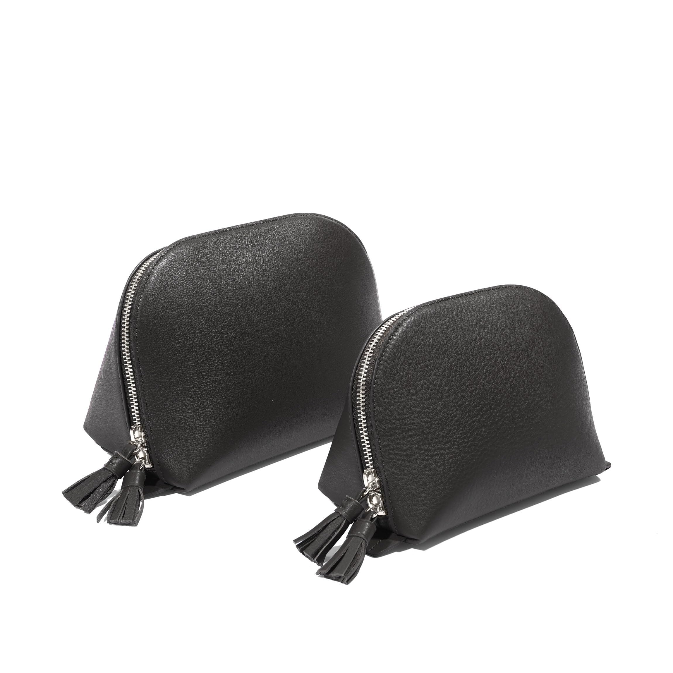 Leatherology Black Onyx Clamshell Makeup Bag Set - Premium Leather Cosmetic Organizer for Travel & Daily Use | Perfect Gift for Women
