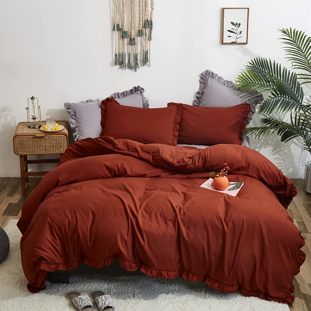 CLOTHKNOW King Size Burnt Orange Boho Comforter Set - 3 Piece Ruffle Terracotta Bedding with Soft Caramel Accents | Rustic Farmhouse Style for Cozy Bedroom Decor