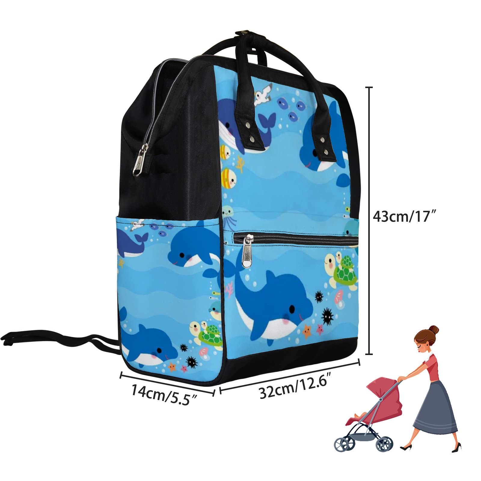 Waterproof Kawaii Whale & Dolphin Diaper Backpack - Large Capacity Baby Nappy Changing Bag with Laptop Compartment | Stylish Unisex Travel Backpack for Parents | Perfect for Daycare, Beach Trips & Family Outings