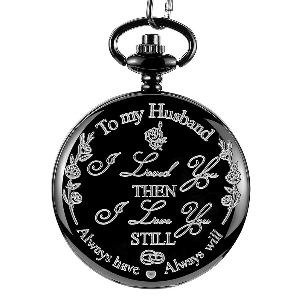 Personalized Engraved Pocket Watch for Men - Classic Analog Quartz Fob Watch with Chain - Perfect Anniversary, Birthday, or Retirement Gift for Husband (Black) - Ideal for Formal Events, Vintage Style, and Special Occasions