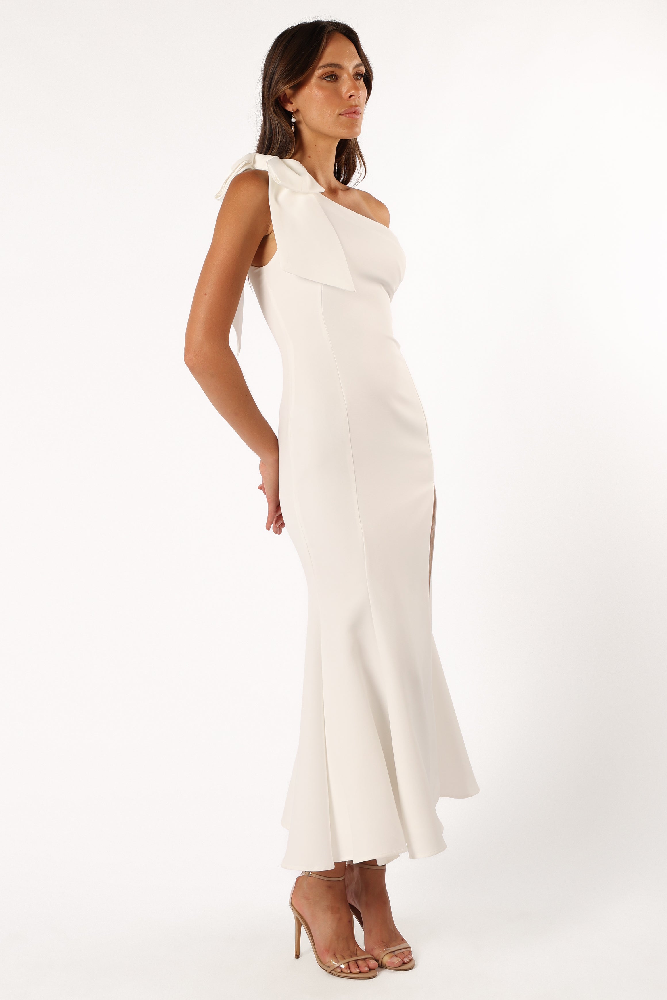 Elegant Charmed One Shoulder Midi Dress in Off White - Perfect for Cocktail Parties, Weddings & Special Occasions