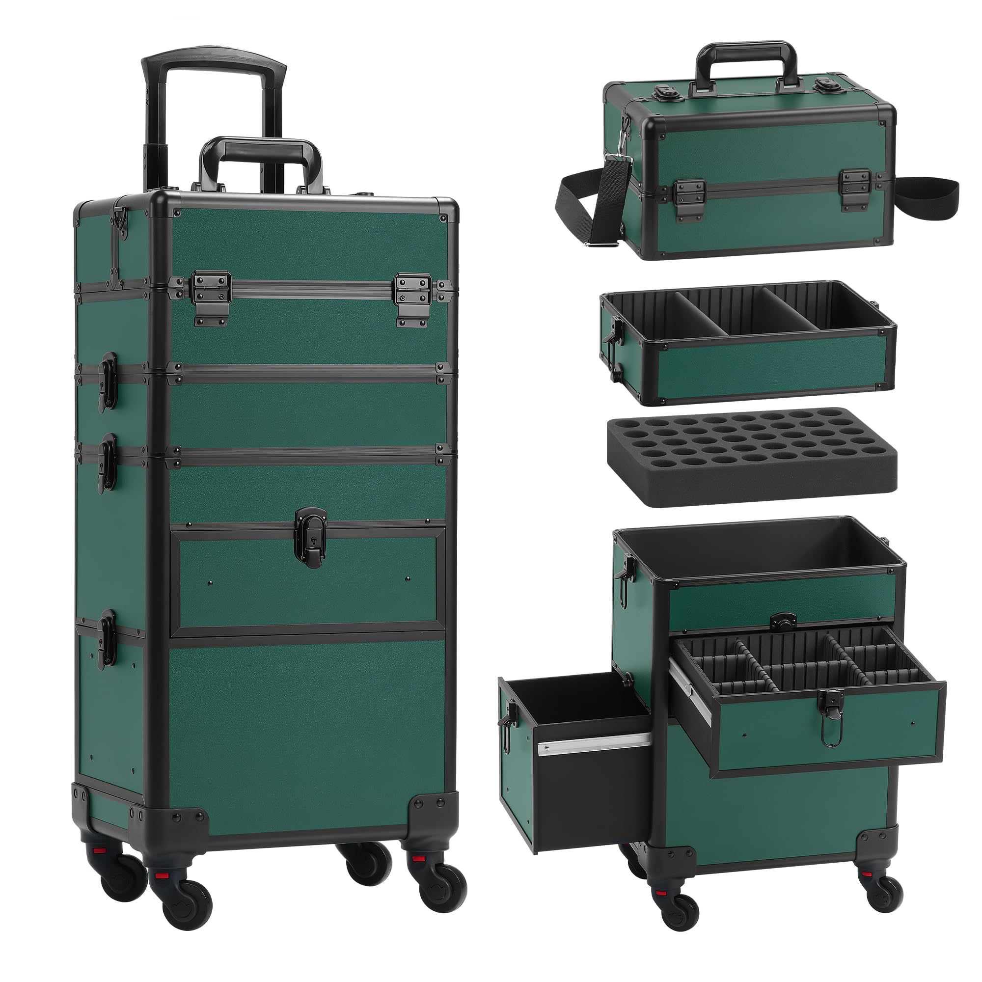 Professional Rolling Makeup Case with Drawer - 4-in-1 Cosmetic Train Case on Wheels for Salon & Barber | Large Makeup Organizer Storage | Perfect Christmas Gift for Makeup Artists (Green) | Ideal for Travel, Salon Work & Professional Cosmetology