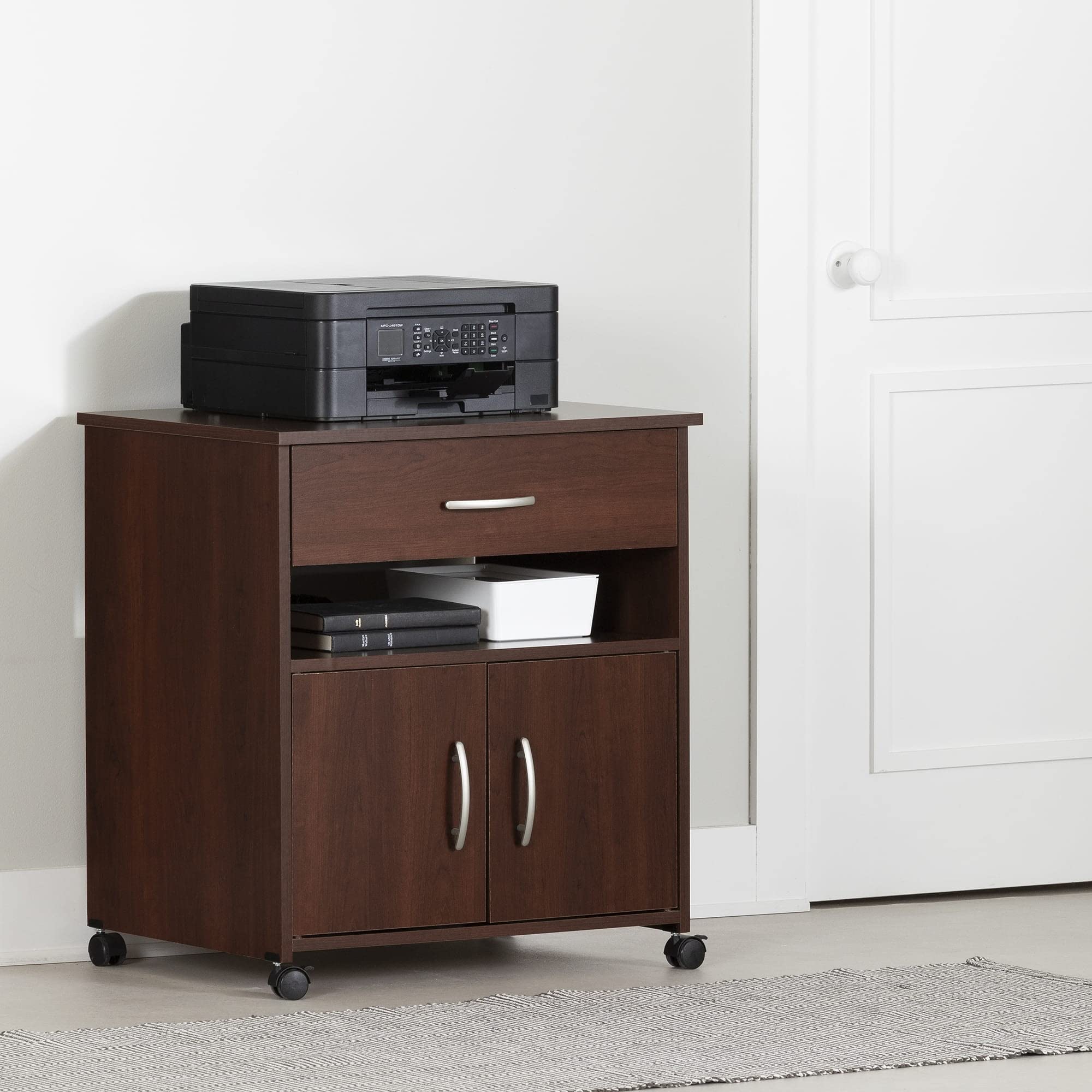 South Shore Axess Mobile Printer Cart with Wheels, Royal Cherry - Compact Rolling Desk Organizer for Home Office, School, or Workspace (Model 9052691)