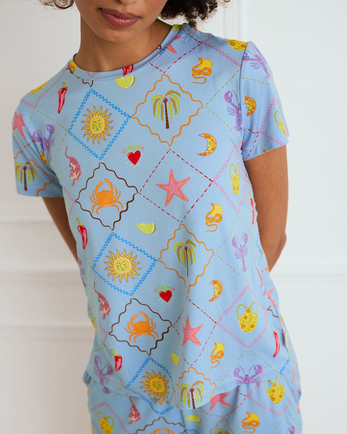 Patchwork Beach Print Short Pajama Set for Women - Comfortable Sleepwear & Lounge Wear for Summer Nights, Beach Vacations, and Relaxing at Home
