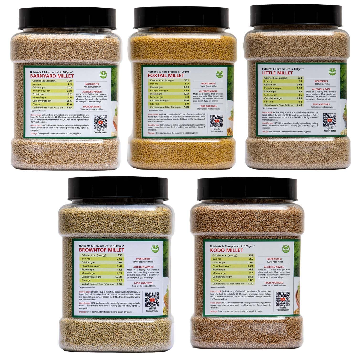 Organic Siridhanya Unpolished Millets - 5-Pack (Little, Foxtail, Kodo, Brown Top & Barnyard) 900g Each in Glass Jars | Healthy Gluten-Free Grain Alternative for Baking, Porridge & Vegan Recipes