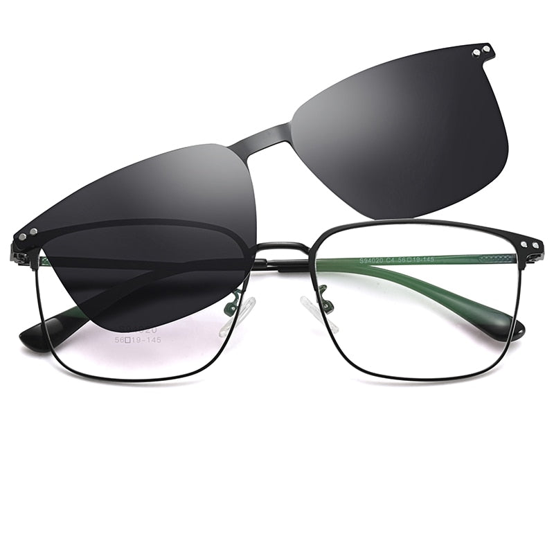 Bclear Men's Full Rim Square Alloy Frame Eyeglasses with Clip-On Polarized Sunglasses - ZT94020 | Stylish UV Protection for Driving, Outdoor Activities & Everyday Wear