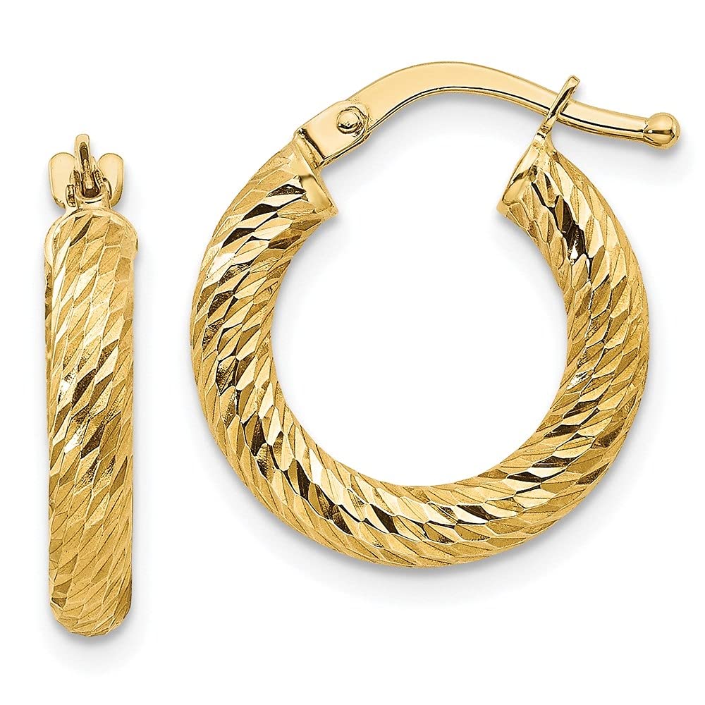 14K Gold 3x10mm Diamond-Cut Round Hoop Earrings for Women - Elegant Everyday Jewelry & Perfect Gift for Birthday, Anniversary & Special Occasions