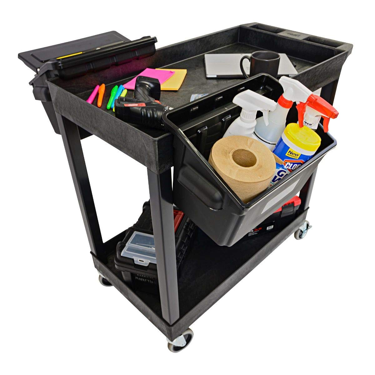 LUXOR EC11-B-OUTRIG Heavy Duty Plastic Utility Tub Cart with 2 Shelves & Outrigger Bins - 32