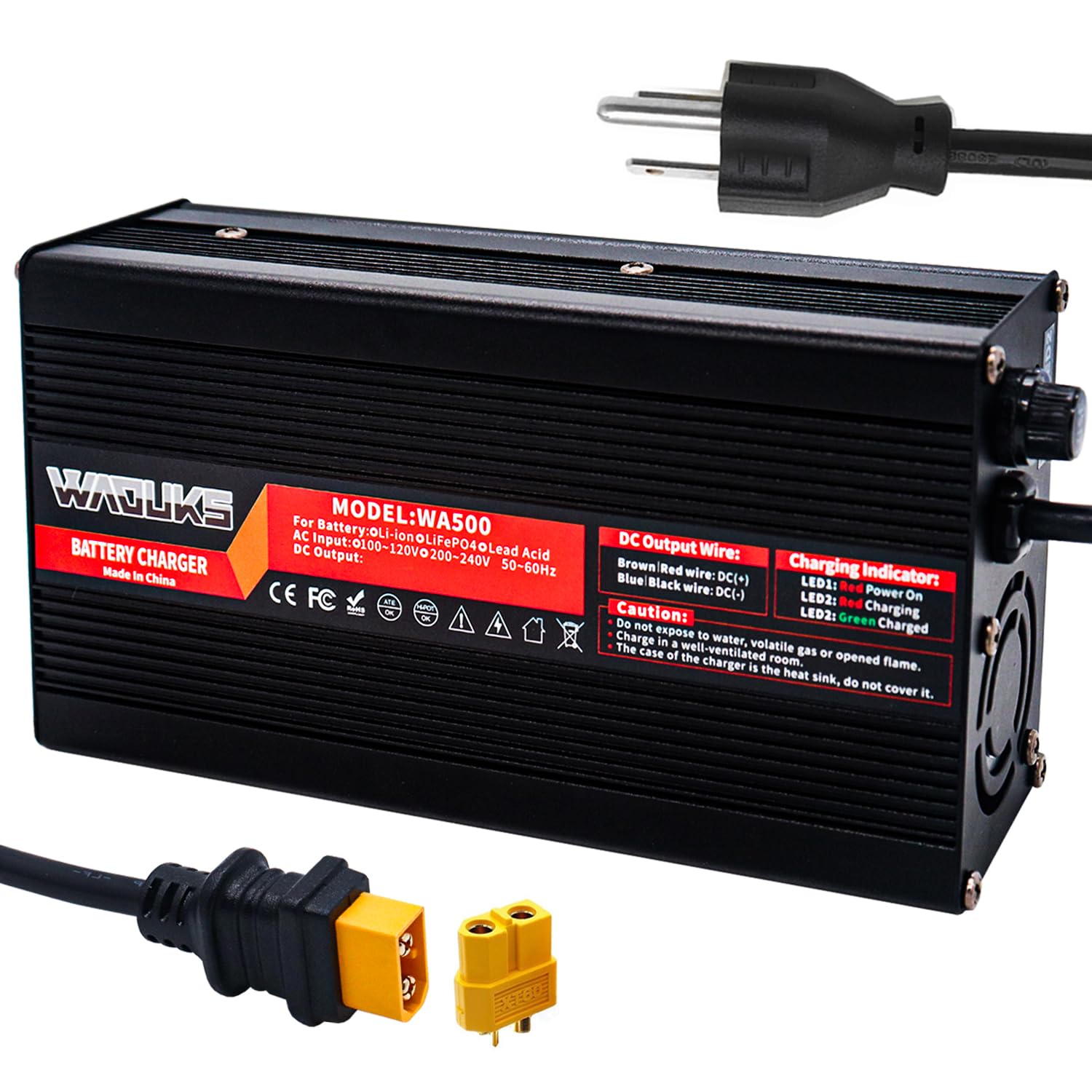 50.4V 6A Lithium Battery Charger with Cooling Fan & Aluminum Case - XT60 Male Connector for 12S 44.4V Li-ion Batteries - Perfect for Ebikes, Scooters, and Power Tools