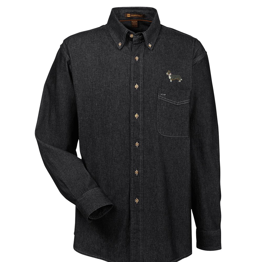 Welsh Corgi Embroidered Men's 100% Cotton Denim Shirt | Casual Button Down Shirt for Dog Lovers | Perfect for Outdoor Activities, Dates & Everyday Wear