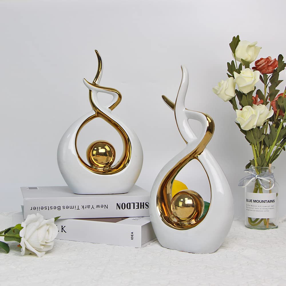 Norrclp Modern Abstract Art Ceramic Statue - White & Gold Small Table Decor for Dining Room, Living Room, Office Centerpiece, Home Decor Gift Idea