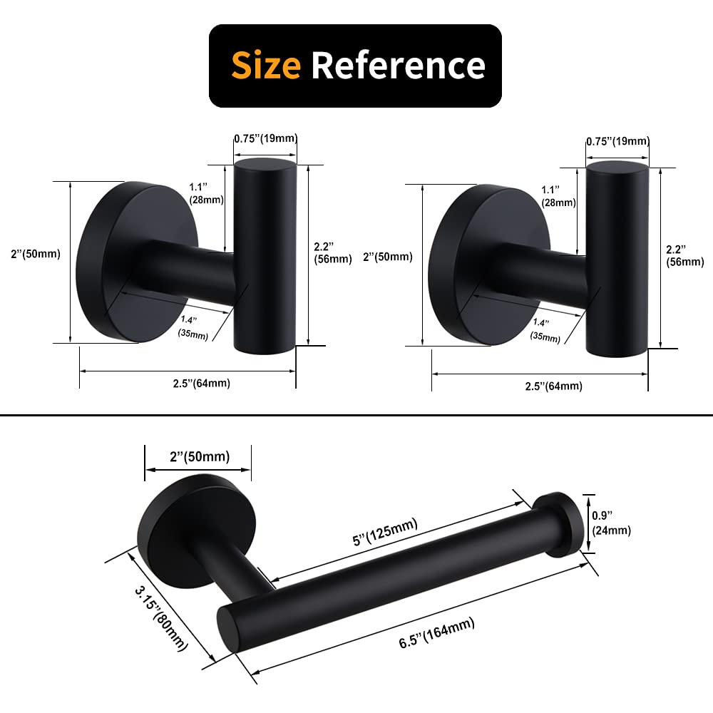 Premium Matte Black Bathroom Accessories Set - 3-Piece SUS 304 Stainless Steel Wall Mounted Kit with Toilet Paper Holder & 2 Robe Hooks | Modern Bathroom Hardware for Home, Hotel & Spa Decor