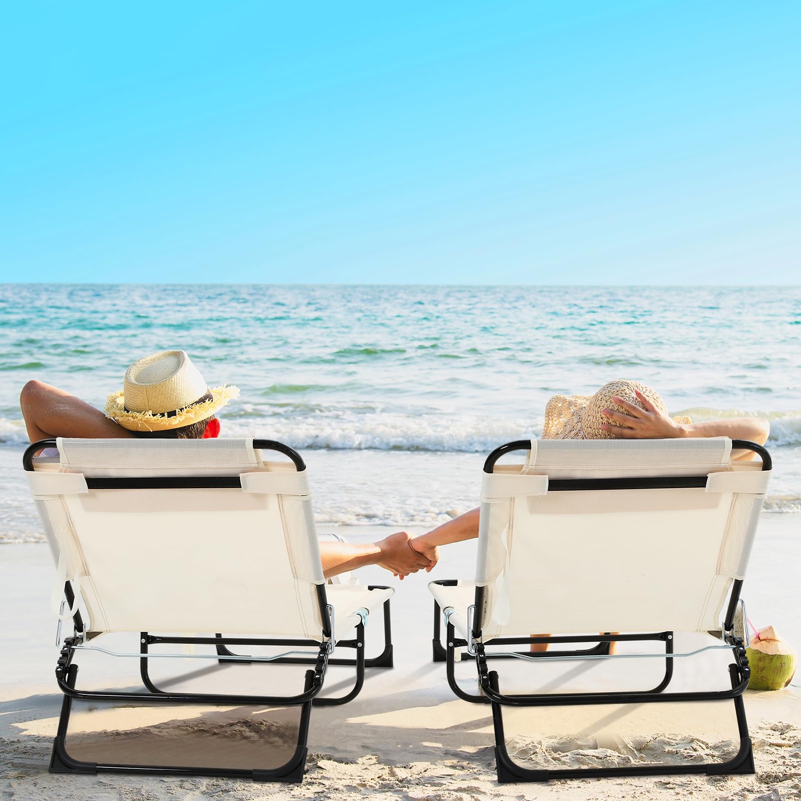 Suzile 2 Pack Folding Chaise Lounge Chairs - Adjustable Outdoor Reclining Beach Chair with 5-Position Backrest, Detachable Pillow & Breathable Mesh - Perfect for Poolside, Backyard, Camping & Sunbathing (Beige)