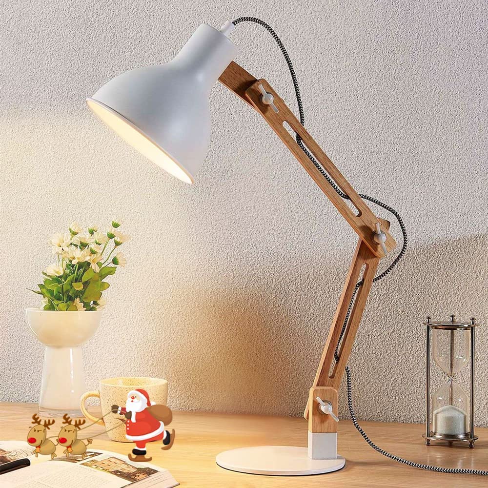 Depuley Swing Arm Desk Lamp - Adjustable Wood Gooseneck Table Light with White Metal Shade (Bulb Included) | Modern Architect Design for Home Office, Study, Bedroom & College Dorm | Perfect Reading Light for Work & Nighttime Use