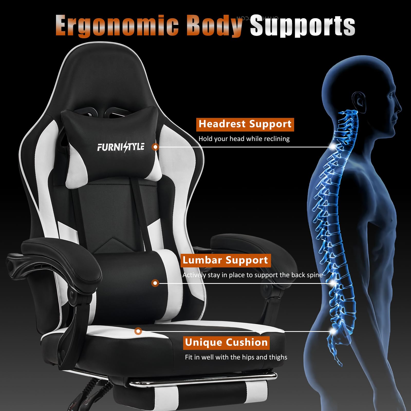 Ergonomic Gaming Chair with Adjustable Footrest & Lumbar Support - Reclining Computer Desk Chair for Adults with Linkage Armrests - PU Leather Office & Video Game Chair (Black-White) - Perfect for Esports, Streaming & Home Office Workspace