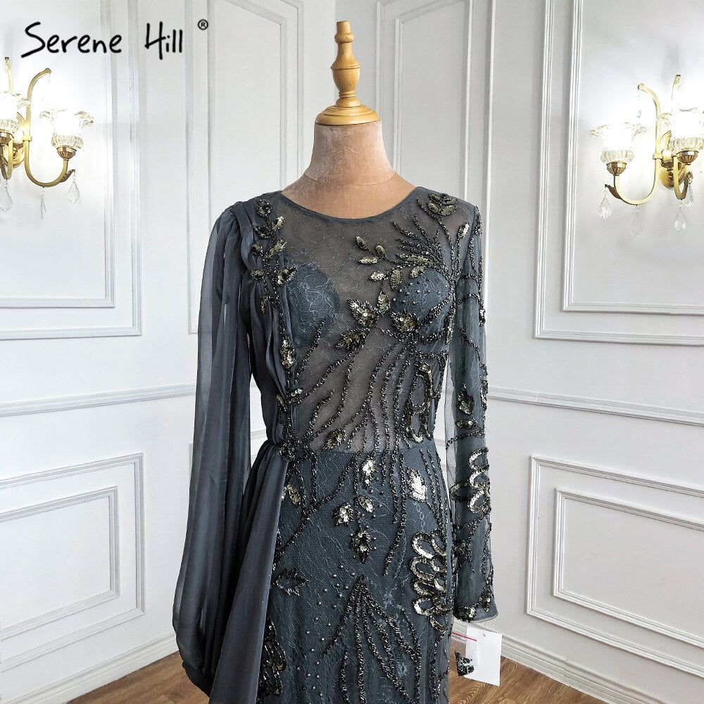 Elegant Serene Hill Grey Beaded Mermaid Evening Gown with Overskirt - Luxury Formal Dress for Women's Parties, Prom, and Special Occasions