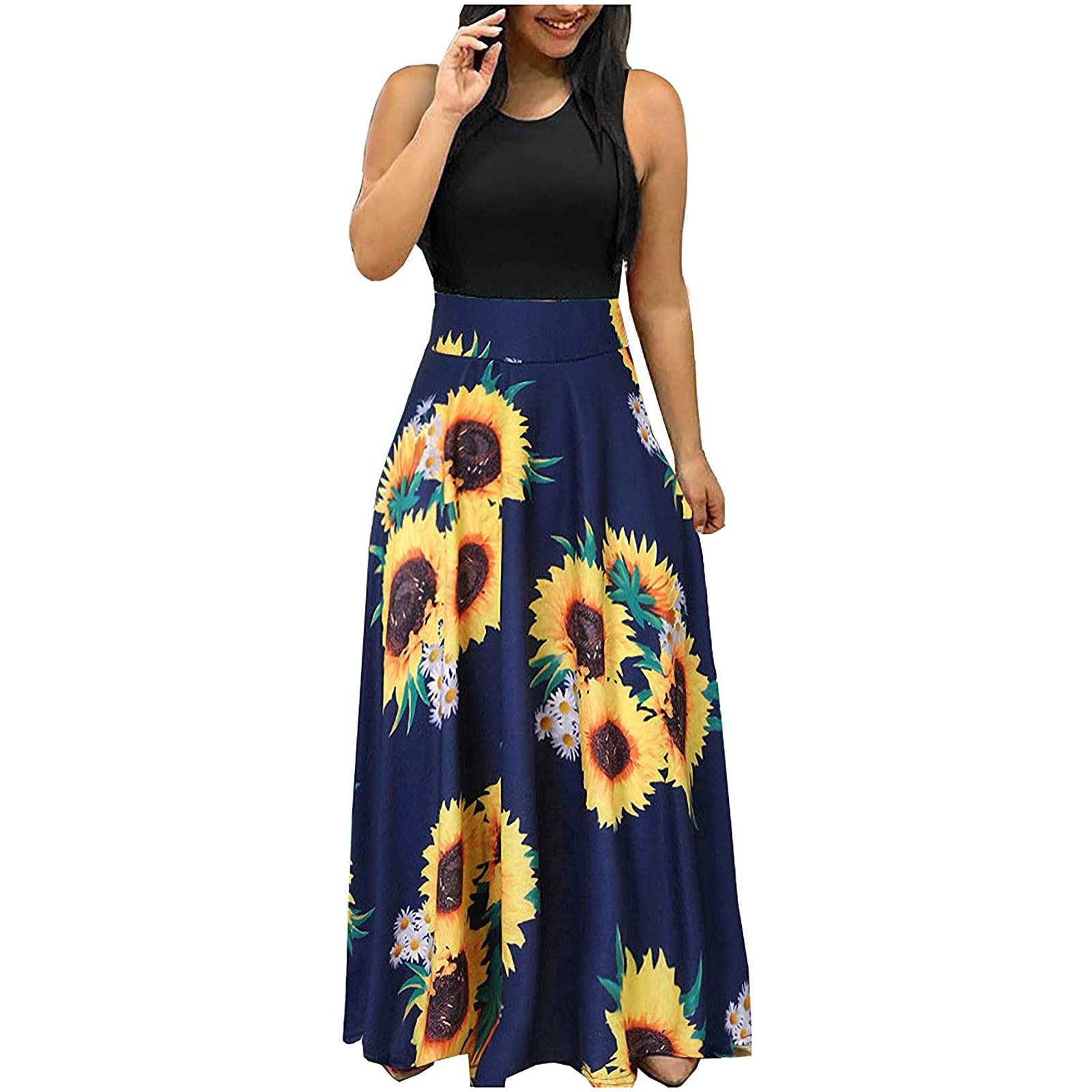 Women's Floral Print Maxi Sundress - Casual Sleeveless Beach Dress with Crew Neck | Perfect for Summer Vacations, Pool Parties & Tropical Getaways