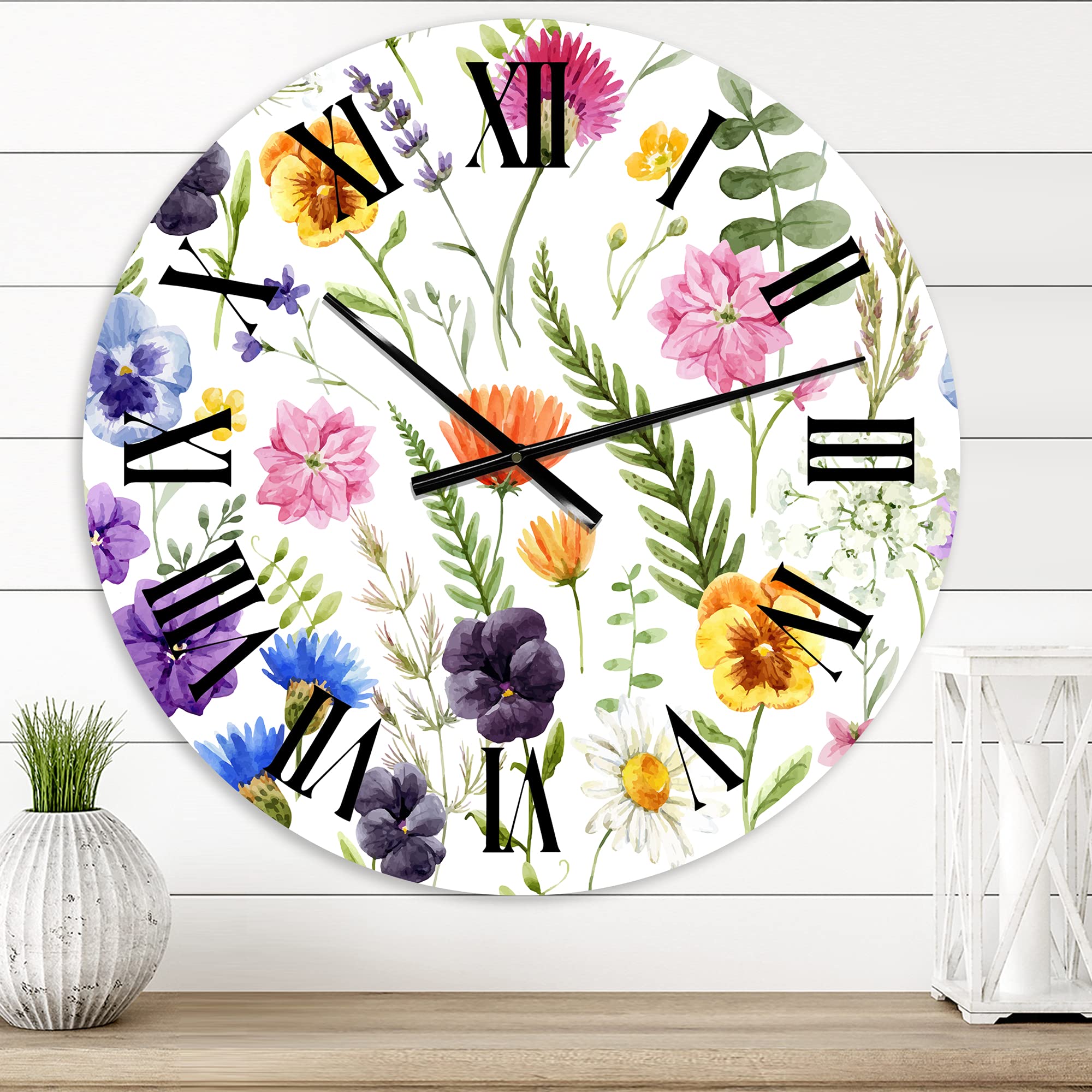 DesignQ Traditional Wildflowers Floral Wall Clock - Large Decorative Clock for Home, Office & Living Room Decor | Perfect for Farmhouse, Bedroom & Kitchen